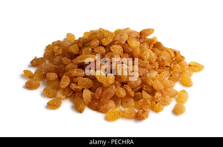 Heap of yellow raisins isolated on white background Stock Photo