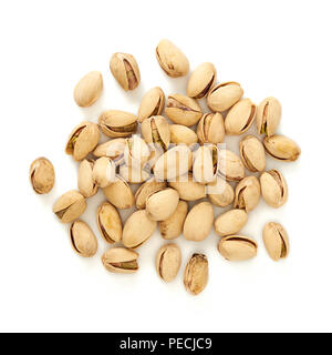 Salted pistachios isolated on white background. Top view. Stock Photo