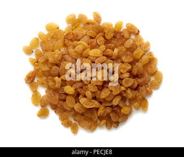 Heap of yellow raisins isolated on white background. Top view. Stock Photo