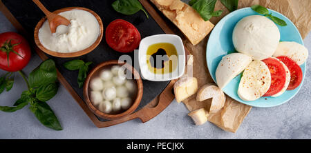 Italian cheeses. Mozzarella Buffalo, crottin, balls, Stracciatella, basil leaves, tomatoes, olive oil with vinegar on gray background. Top view, copy space. Stock Photo