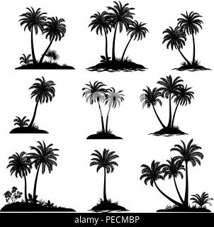 Set Exotic Landscapes, Sea Islands with Palm Trees, Tropical Plants and Grass Black Silhouettes Isolated on White Background. Vector Stock Vector