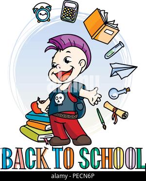 Welcome back to school. Cute school kid ready to education. Design element for print, t-shirt, poster, card, banner. Vector illustration Stock Vector