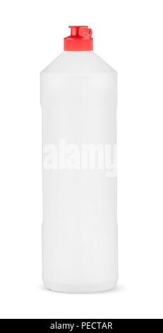 White plastic bottle of cleaning product. Isolated on white background with clipping path. Bottle for shampoo, shower gel, lotion, body milk, bath foam, detergent. Package. Mockup. Stock Photo