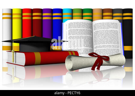 3D illustration. Hat and diploma with books and thesis in the background. Stock Photo