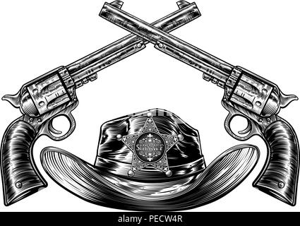 Crossed Pistols and Cowboy Hat with Sheriff Star Stock Vector