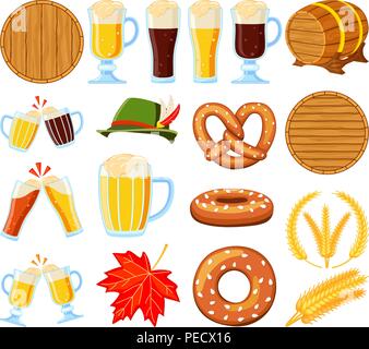 Colorful cartoon 18 oktoberfest elements set. Beer festival collection. Autumn festive vector illustration for icon, sticker, patch, label, badge, cer Stock Vector