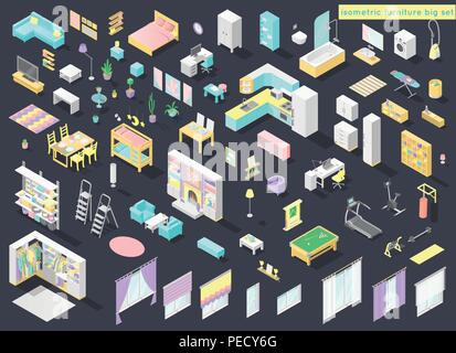 Vector big set of low poly isometric furniture and decoration for home interiors - living room, bedroom, kids room, bath, kithen, laundry and other in Stock Vector