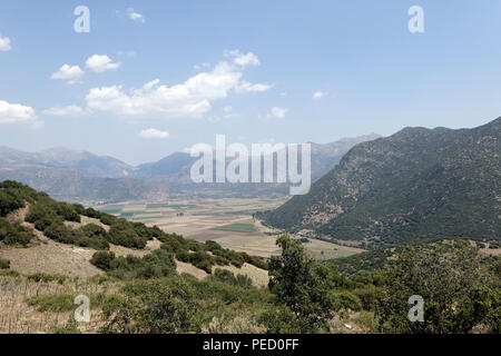 A spectacular view of the valley of Kandila from the ancient site of Orchomenos, Arcadia, central Peloponnese, Greece. Stock Photo