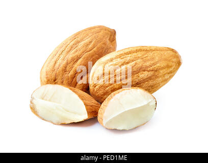 Almond nuts. Slices of almond nuts isolated on white background with clipping path. Macro photography with great depth of field. DoF . Stock Photo