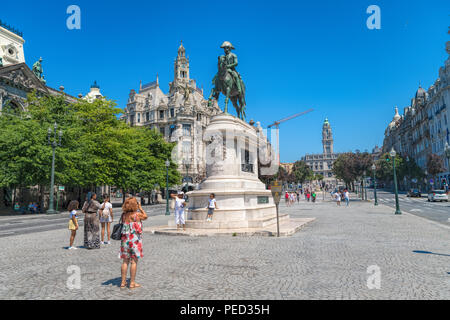 king Pedro IV equestrian bronze statue at Praça da Liberdade in old town. Stock Photo