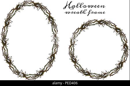 Halloween round and oval branches frames. Wreath for invitation, greeting card, pattern design, decoration, textile, advertisement. Vintage, gothic, Halloween, magic, October, November. Stock Vector