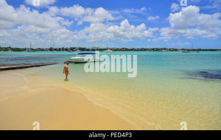 Grand Baie, Mauritius - Jan 10, 2017. Seascape of Grand Baie, Mauritius. Mauritius is a major tourist destination, ranking 3rd in the region. Stock Photo