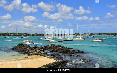Grand Baie, Mauritius - Jan 10, 2017. Seascape of Grand Baie, Mauritius. Mauritius is a major tourist destination, ranking 3rd in the region. Stock Photo