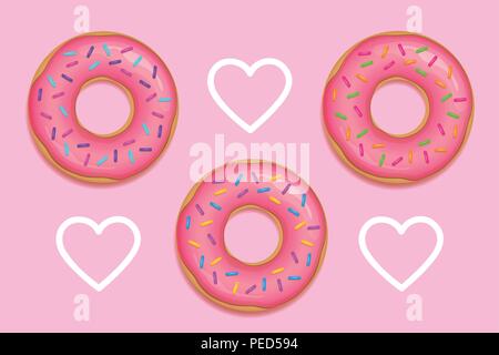 three pink donuts with colorful sugar sprinkles vector illustration EPS10 Stock Vector