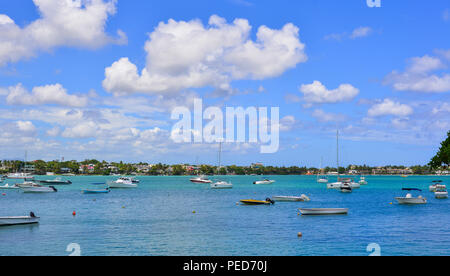 Grand Baie, Mauritius - Jan 10, 2017. Seascape of Grand Baie, Mauritius. Mauritius is a major tourist destination, ranking 3rd in the region. Stock Photo