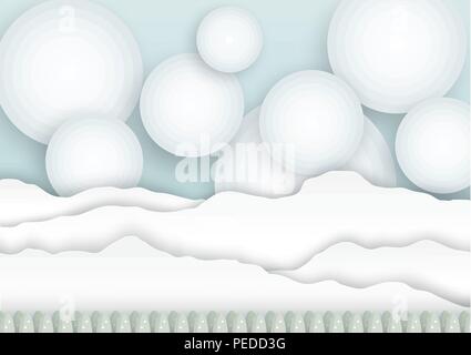 Fantasy white, green color landscape, mountains, trees, abstract circular sky scenery. Planet space panorama background. Vector illustration paper art Stock Vector