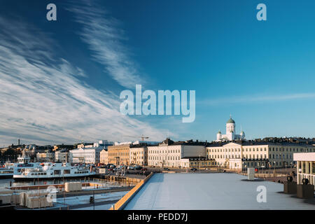 Helsinki, Finland. View Of Street With Presidential Palace And Helsinki Cathedral In Sunny Winter Day. Stock Photo