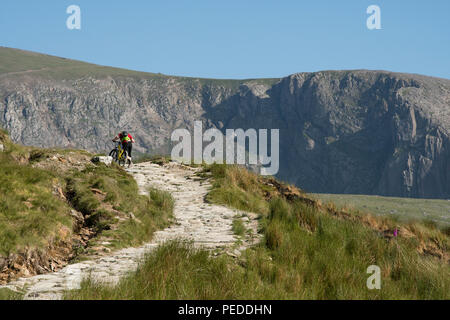 Mountain biker cycling up the Llanberis Path heading for the summit of Snowdon. Stock Photo