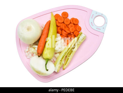 Several types of chopped vegetables isolated on white background Stock Photo