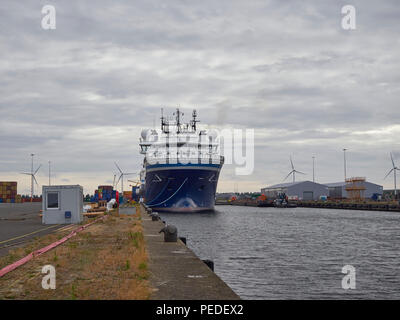 The Geo Caribbean Seismic Research Vessel moored alongside Den Haag Container Terminal under an overcast Sky. Amsterdam, Holland. Stock Photo