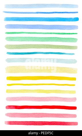 Set of colorful watercolor lines isolated on a white background. Blue, pink, green and yellow vector watercolor blots. Stock Vector