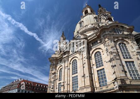 Dresden city in Germany (State of Sachsen). Frauenkirche Lutheran church. Baroque landmark rebuilt after World War 2 destruction. Stock Photo