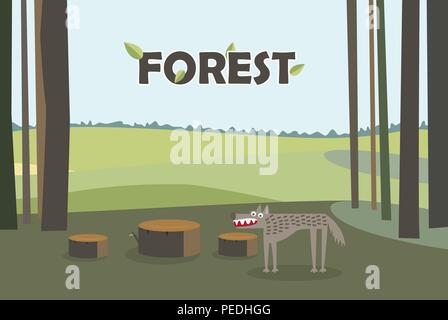 Wolf in forest. Tree Stumps. Cartoon vector with forest background. Stock Vector