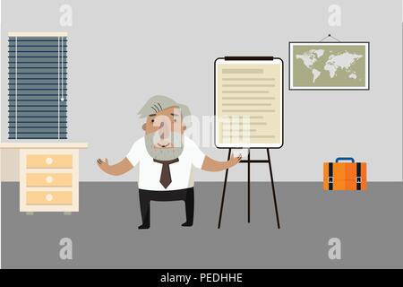 Professor-historian in the room. Flip chart. Animated character.. Vector illustration. Cartoon character. Stock Vector