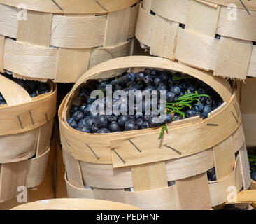 Selling a basket of blueberries at the market Stock Photo