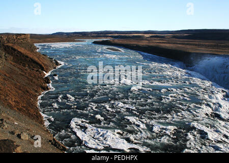 Hvítá river running into Gullfoss waterfall in winter, Iceland Stock Photo