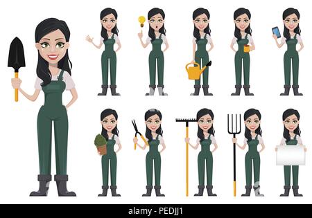 Beautiful woman farmer, set of eleven poses. Cute girl farmer cartoon ...