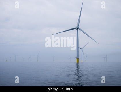 Wind turbines on the Race Bank Offshore Wind Farm in the Southern North Sea, UK Stock Photo