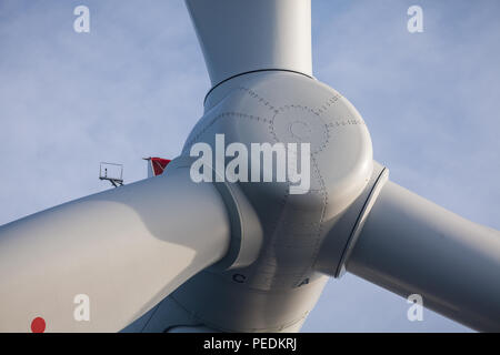 The hub of a 6MW Siemens SWT-6.0-154 Wind Turbine Generator on Race Bank Offshore Wind Farm Stock Photo