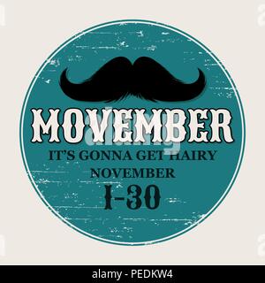 Moustaches Movember Poster. Round or Circle Sticker for November Challenge. Black Silhouette and Lettering with Word Movember. Cinco de Mayo Mustache for Barbershop Logo or Mustache Carnival Stock Vector