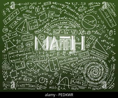 Scientific formulas and calculations in physics and mathematics on whiteboard. The lesson of algebra and geometry in school. Education and Science. engraved hand drawn in old sketch and vintage style. Stock Vector