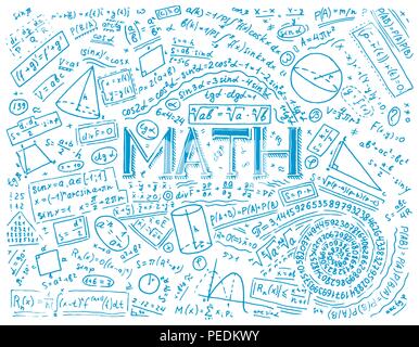 Scientific formulas and calculations in physics and mathematics on whiteboard. The lesson of algebra and geometry in school. Education and Science. engraved hand drawn in old sketch and vintage style. Stock Vector