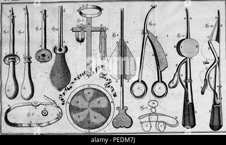 Black and white illustration depicting various instruments used in abdominal surgery, from the volume 'Institutions de Chirurgie' (Institutions of Surgery) authored by Lorenz Heister and Francois Paul, and published in Avignon at JJ Niel, 1825. Courtesy Internet Archive. () Stock Photo