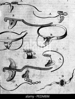 Black and white illustration depicting various instruments used for surgery during the early eighteenth century, from the volume 'Grosser und Gantz Neu-Gewundener Lorbeer-Krantz oder Wund-Artzney, ' authored by Matthias Gottfried Purmann, and published in Frankfurt and Leipzig by Michael Rohrlachs Buchhandl, 1825. Courtesy Internet Archive. () Stock Photo