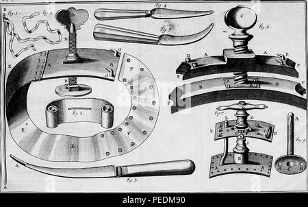 Black and white illustration depicting various instruments used for surgery during the eighteenth century, from the volume 'Institutions de Chirurgie' (Institutions of Surgery) authored by Lorenz Heister and Francois Paul, and published in Avignon at JJ Niel, 1825. Courtesy Internet Archive. () Stock Photo