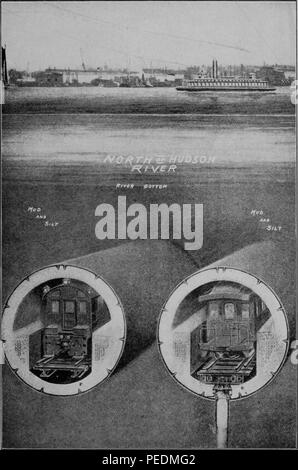 Black and white image depicting a cross-section view of two trains, running in tunnels set to the mud and silt of the bay, north of Hudson River, with a riverboat, and shoreline with buildings in the upper register, 1908. Courtesy Internet Archive. () Stock Photo