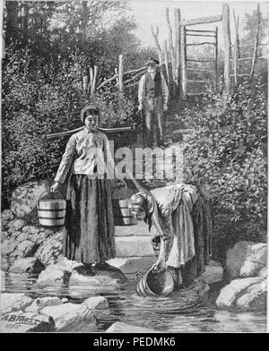 Engraving of two women gathering water at a creek, using buckets and a yoke system, with a man standing and watching in the background, in an outdoor, rural location, 1887. Courtesy Internet Archive. () Stock Photo