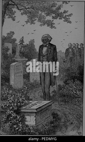 Black and white print depicting an elderly Frederick Douglass, wearing a suit and holding a cane and top hat, visiting the tomb of his former slave owner, Maryland Governor Colonel Edward Lloyd V, published in abolitionist, reform leader, writer, and statesman Frederick Douglass' memoir 'Life and times of Frederick Douglass', 1882. Courtesy Internet Archive. () Stock Photo