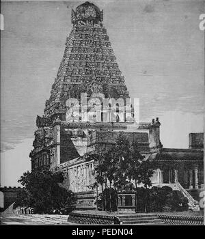 Black and white photograph of a large South Indian temple, possibly the Chola dynasty Brihadisvara Temple, located in Thanjavur, Tamil Nadu, India, 1884. Courtesy Internet Archive. () Stock Photo