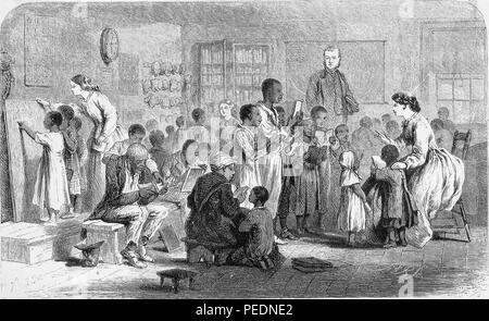 Black and white print illustrating several white, male and female teachers, instructing a large group of recently emancipated African-Americans in a classroom setting, from the volume 'The South: a tour of its battlefields and ruined cities', 1866. Courtesy Internet Archive. ()