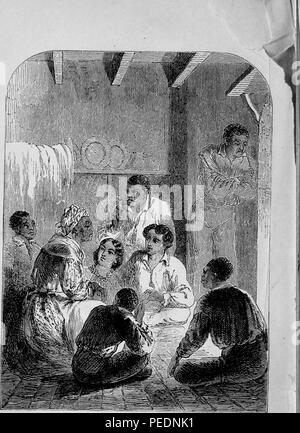 Black and white print depicting a group of African-American slaves, inside a cabin, standing and sitting cross-legged on the floor around an older woman, 'Maum Guinea, ' listening to her tell them stories, from the volume 'The Unionist's Daughter: a tale of the rebellion in Tennessee, [and, ] Maum Guinea and her plantation 'children' or, Holiday-week on a Louisiana estate: a slave romance', 1861. Courtesy Internet Archive. () Stock Photo