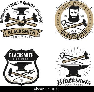 Forge, blacksmith logo or label. Blacksmithing set of emblems isolated on white background Stock Vector