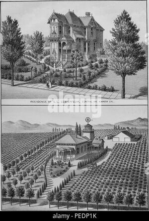Black and white print depicting two images of noted 19th-century homes located in Alameda County, California, USA, in the upper register a woman and child walk past the EL Schieffelin residence, a multi-story, wooden, Victorian house in a garden setting on Central Avenue, the lower register shows 'Concannon Vineyard' a single story, wooden, Victorian house, surrounded by plants, 1893. Courtesy Internet Archive. () Stock Photo