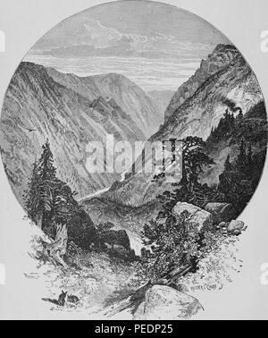 Black and white print illustrating the 'Giant's Gap' on the North Fork of the American River, as seen from the window of a Central Pacific Railway car passing through the Sierra Nevada Mountains, with trees clinging to rocky cliffs and a pair of rabbits in the foreground, from Nicholas Ball's 'The pioneers of '49, A History of the Excursion of the Society of California Pioneers of New England', 1891. Courtesy Internet Archive. () Stock Photo