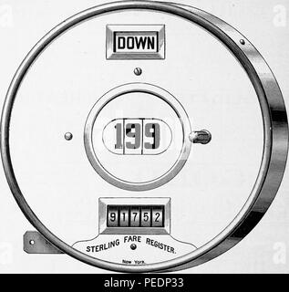 Black and white print depicting the round face of a 19th-century railway fare register, manufactured in New York by the Sterling Company, published in 'The Street Railway Journal', 1884. Courtesy Internet Archive. () Stock Photo