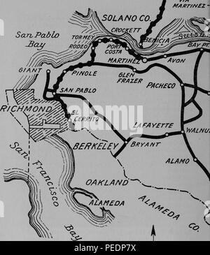 Black and white highway map showing the early 20th-century state and county road systems in Contra Costa County, California, 1920. Courtesy Internet Archive. () Stock Photo